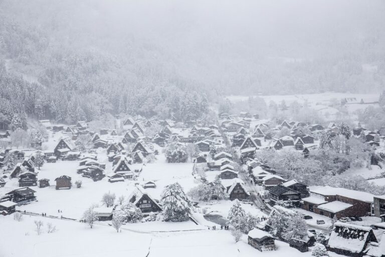 Thatched gassho-style farmhouses of Shirakawa-go covered in deep snow in winter