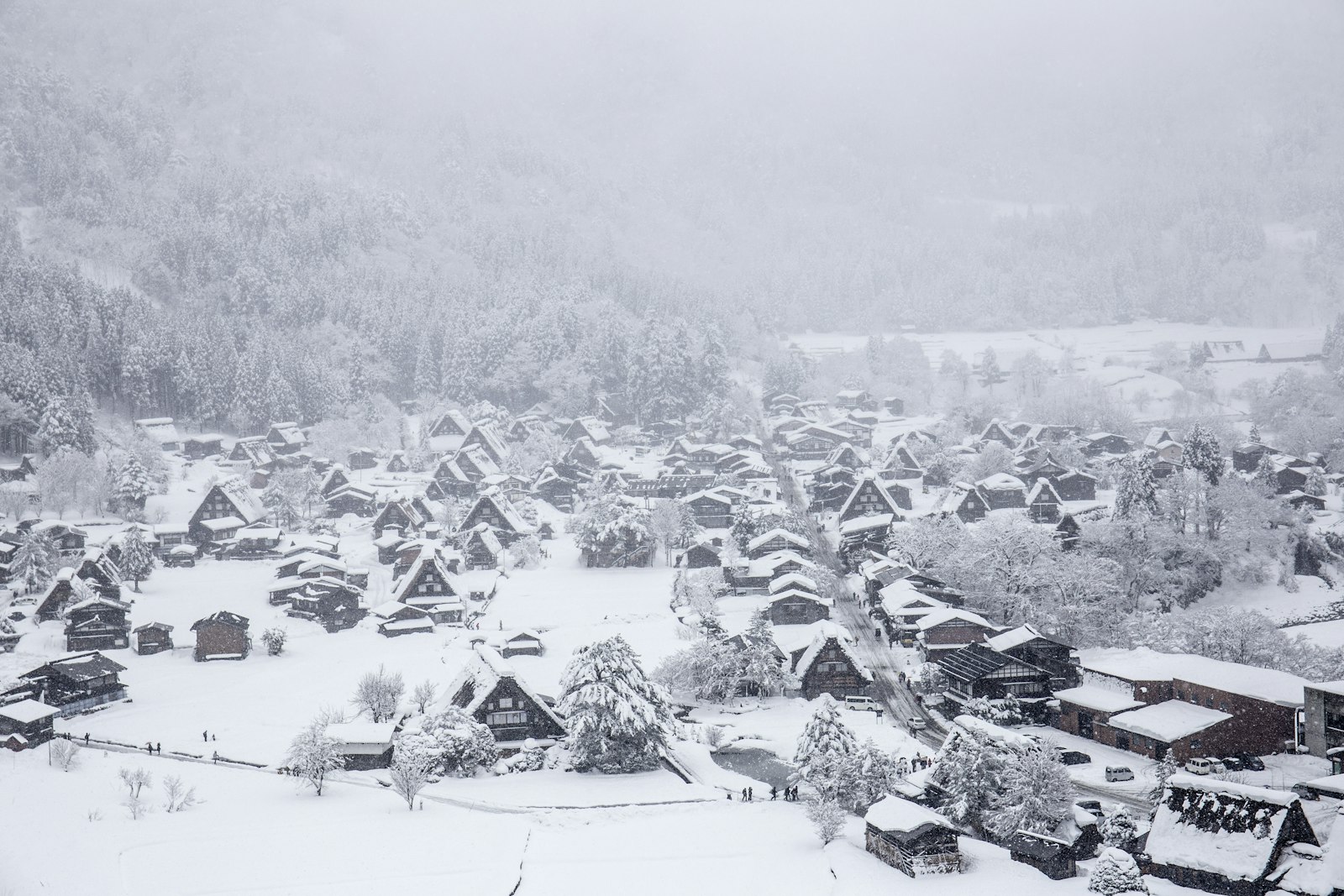 Thatched gassho-style farmhouses of Shirakawa-go covered in deep snow in winter