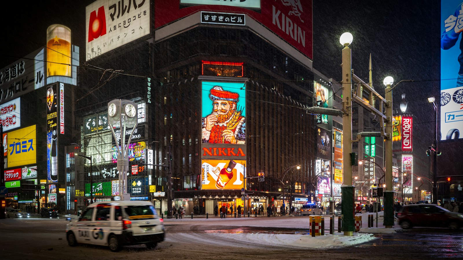 Neon signs at the Susukino intersection in Sapporo at night