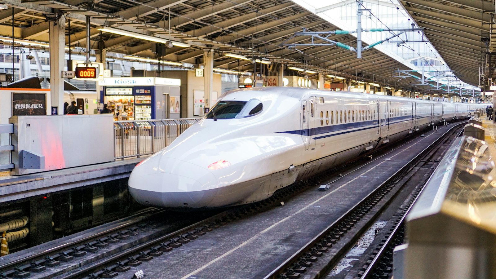 White Tokaido Shinkansen train at a station platform