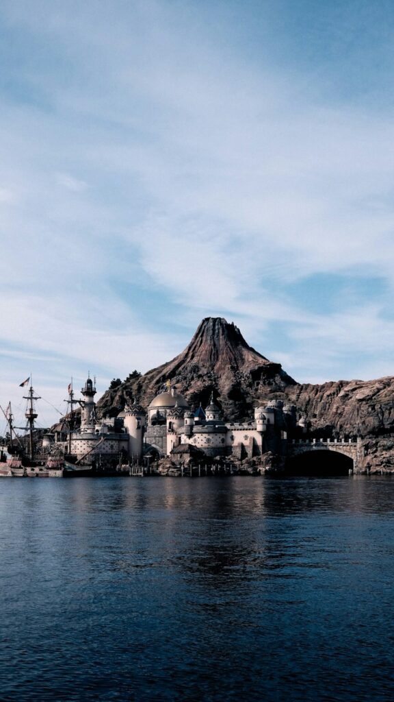 Mount Prometheus volcano and the fortress buildings of Mediterranean Harbor at Tokyo DisneySea