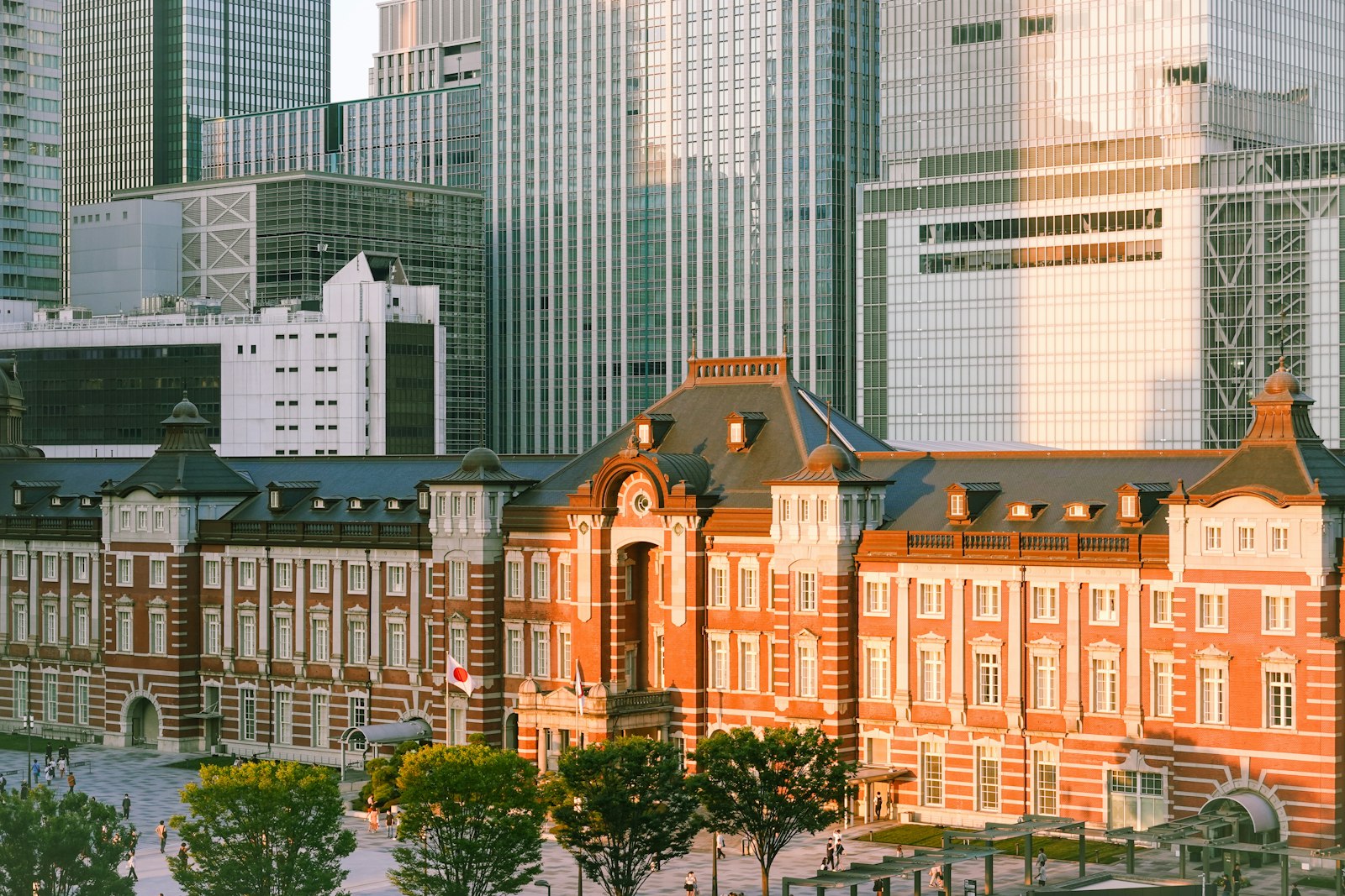 Tokyo Station Marunouchi building surrounded by skyscrapers