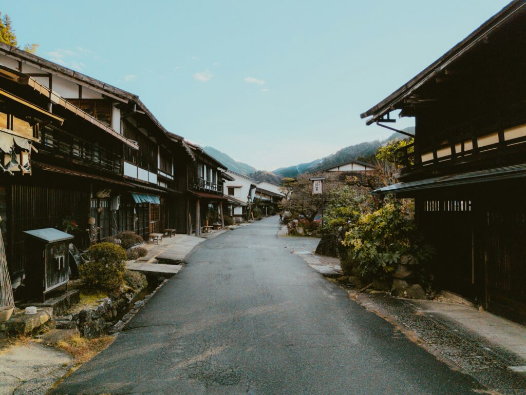 Wooden inns lining the quiet main street of Tsumago-juku