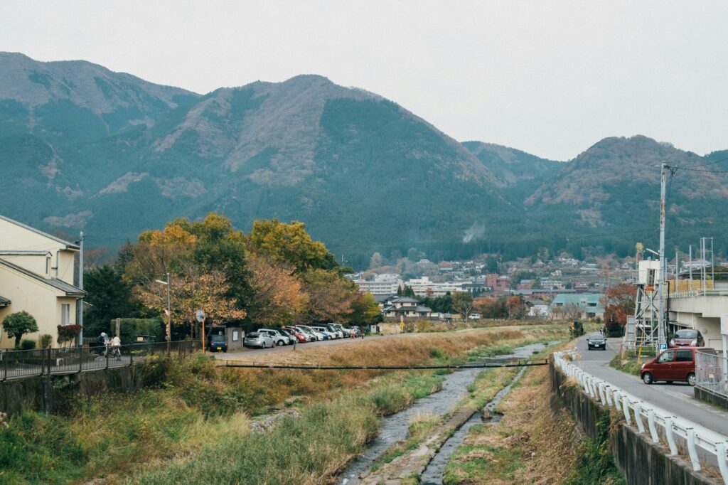 Yufuin town and fields at the foot of the mountains