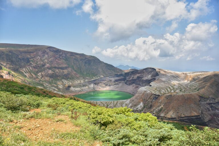The emerald Okama crater lake on Mount Zao